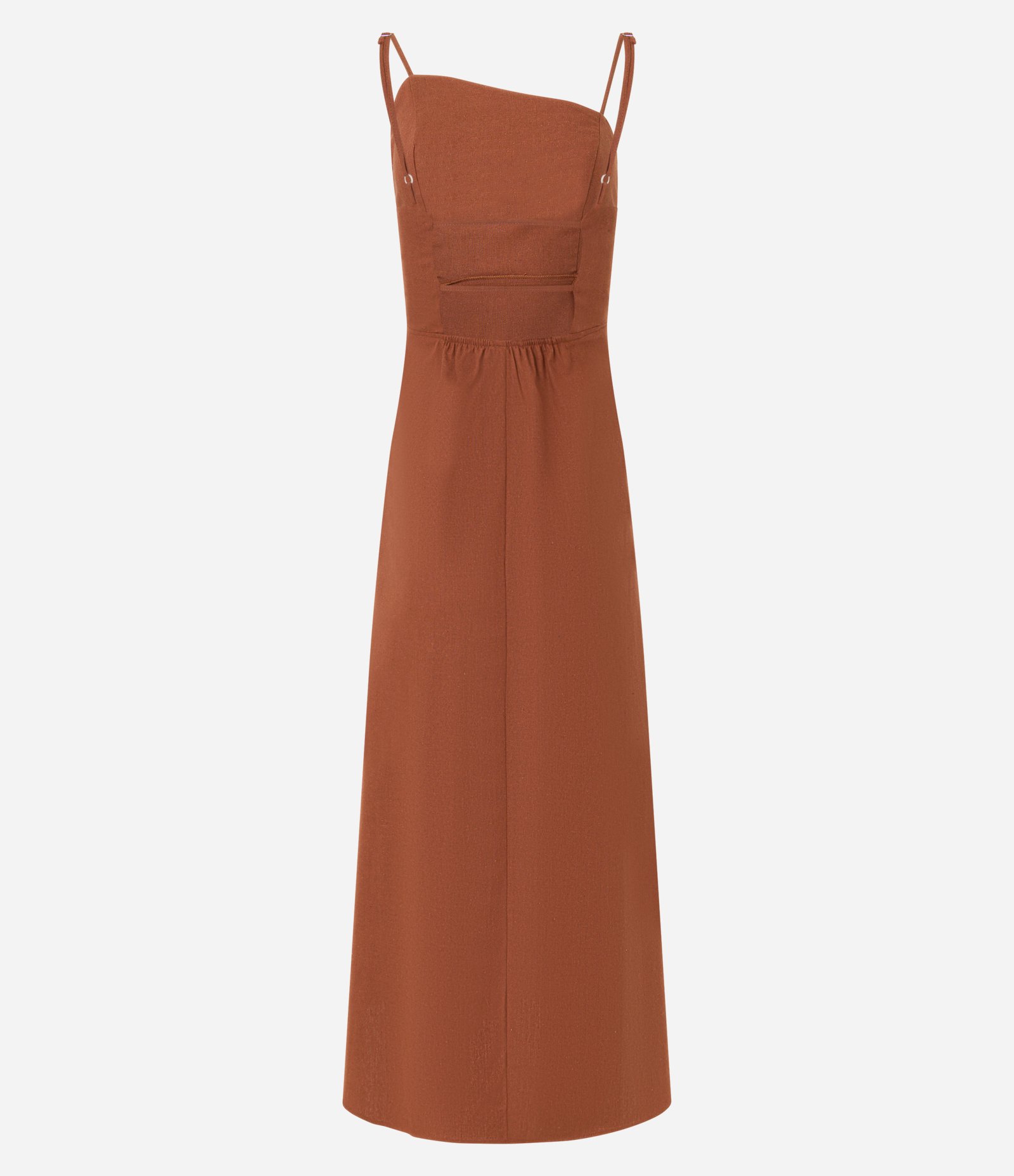 Vestido Longo em Viscose e Linho com Decote Assimétrico Marrom 8