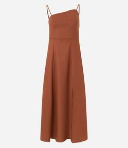 Vestido Longo em Viscose e Linho com Decote Assimétrico
