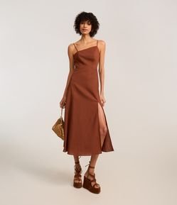 Vestido Longo em Viscose e Linho com Decote Assimétrico