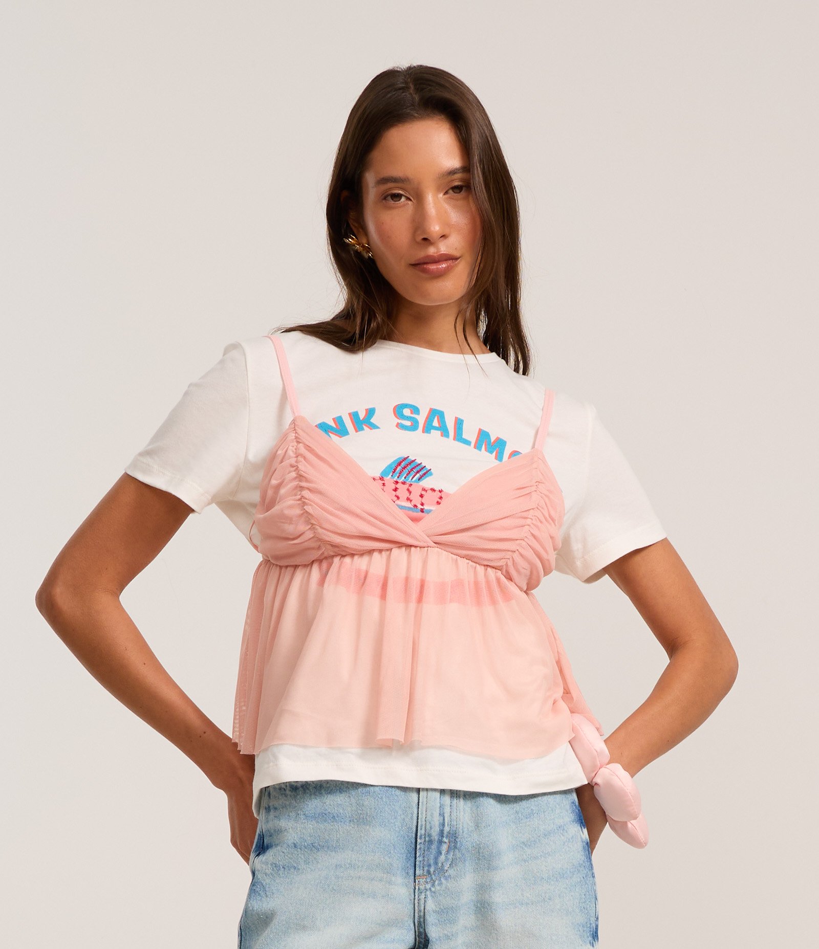 Blusa de Alcinha em Tule com Busto Franzido Rosa 1