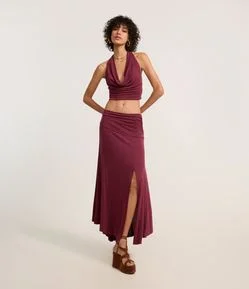 Saia Long Midi em Tricô com Cós Franzido