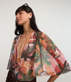 Body em Tule com Manga Ampla e Mix de Estampa Tropical
