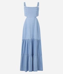 Vestido Longo em Jeans com Lastex nas Costas e Babado