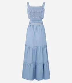 Vestido Longo em Jeans com Lastex nas Costas e Babado