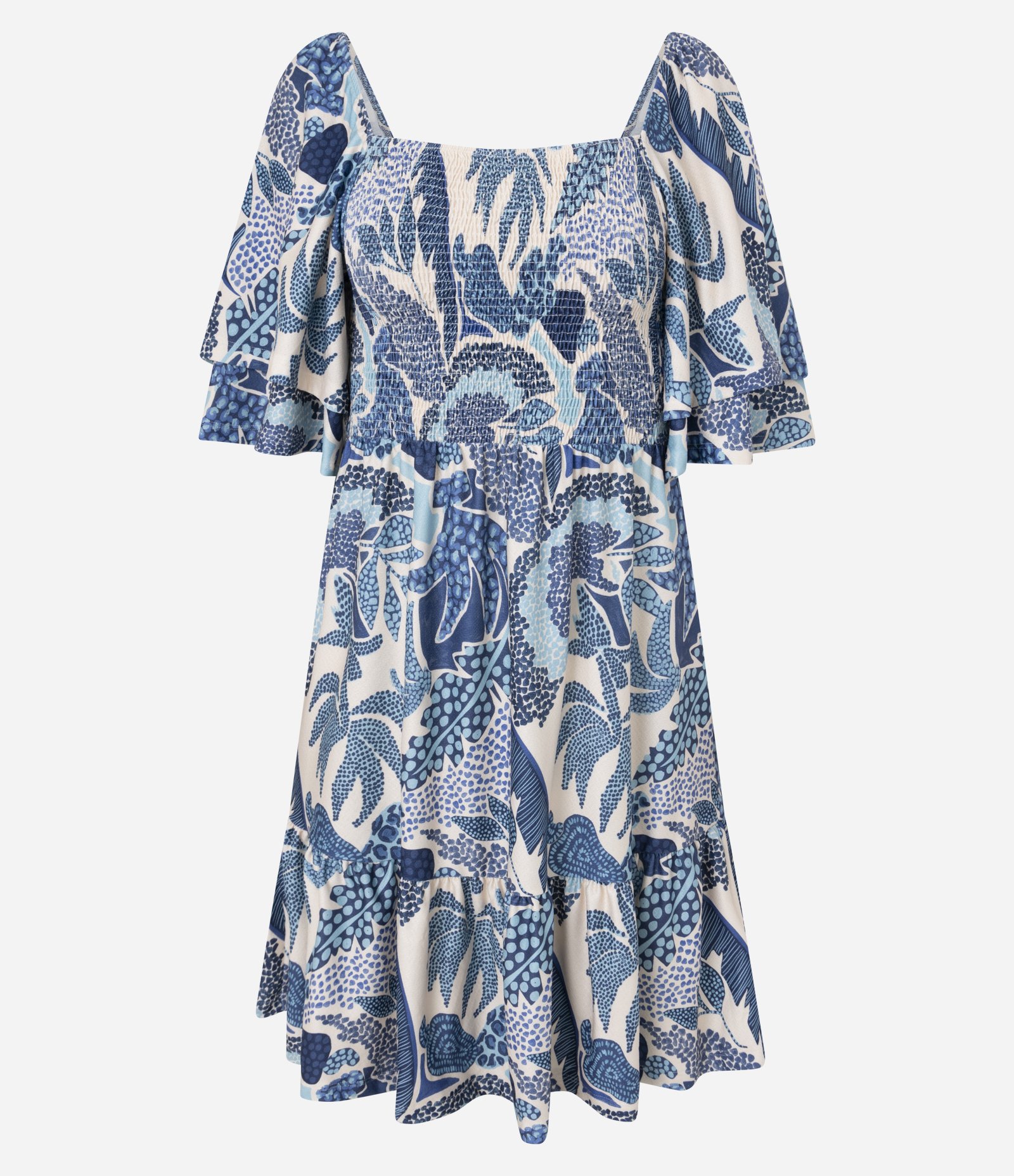 Vestido Curto Texturizado com Estampa Tropical e Manga Soltinha Azul 5