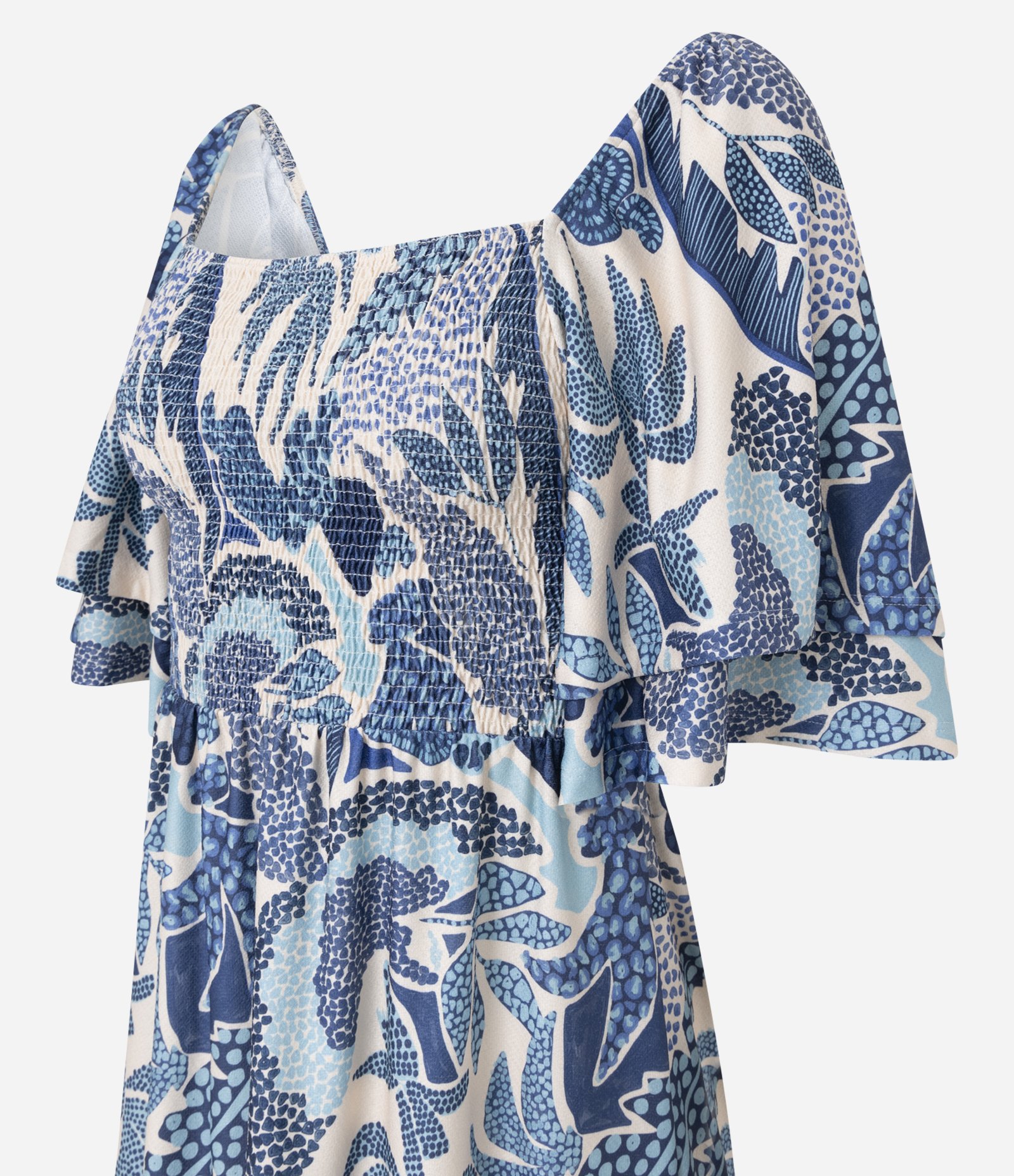 Vestido Curto Texturizado com Estampa Tropical e Manga Soltinha Azul 6