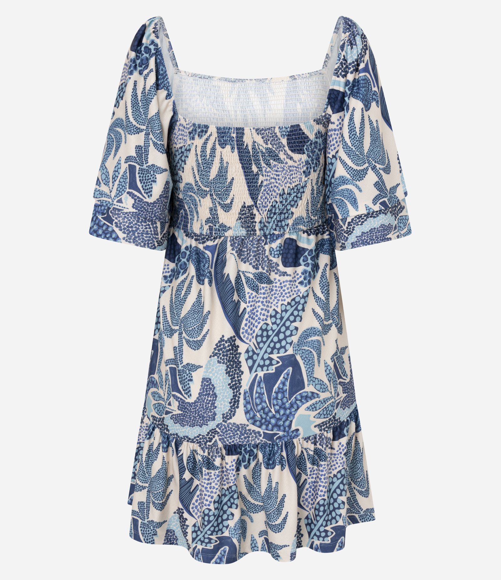 Vestido Curto Texturizado com Estampa Tropical e Manga Soltinha Azul 7