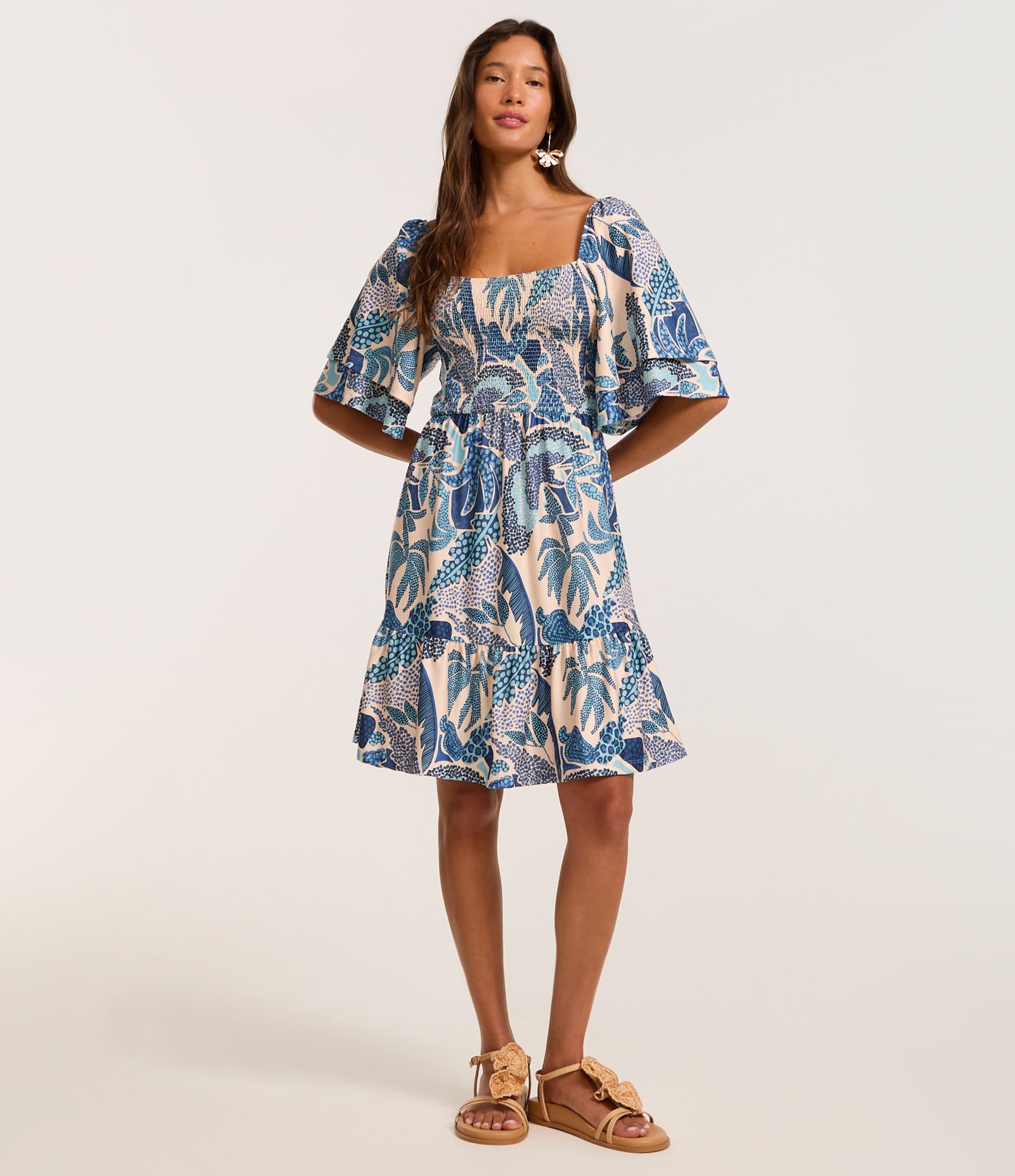 Vestido Curto Texturizado com Estampa Tropical e Manga Soltinha Azul 2
