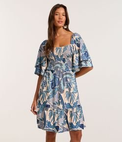 Vestido Curto Texturizado com Estampa Tropical e Manga Soltinha