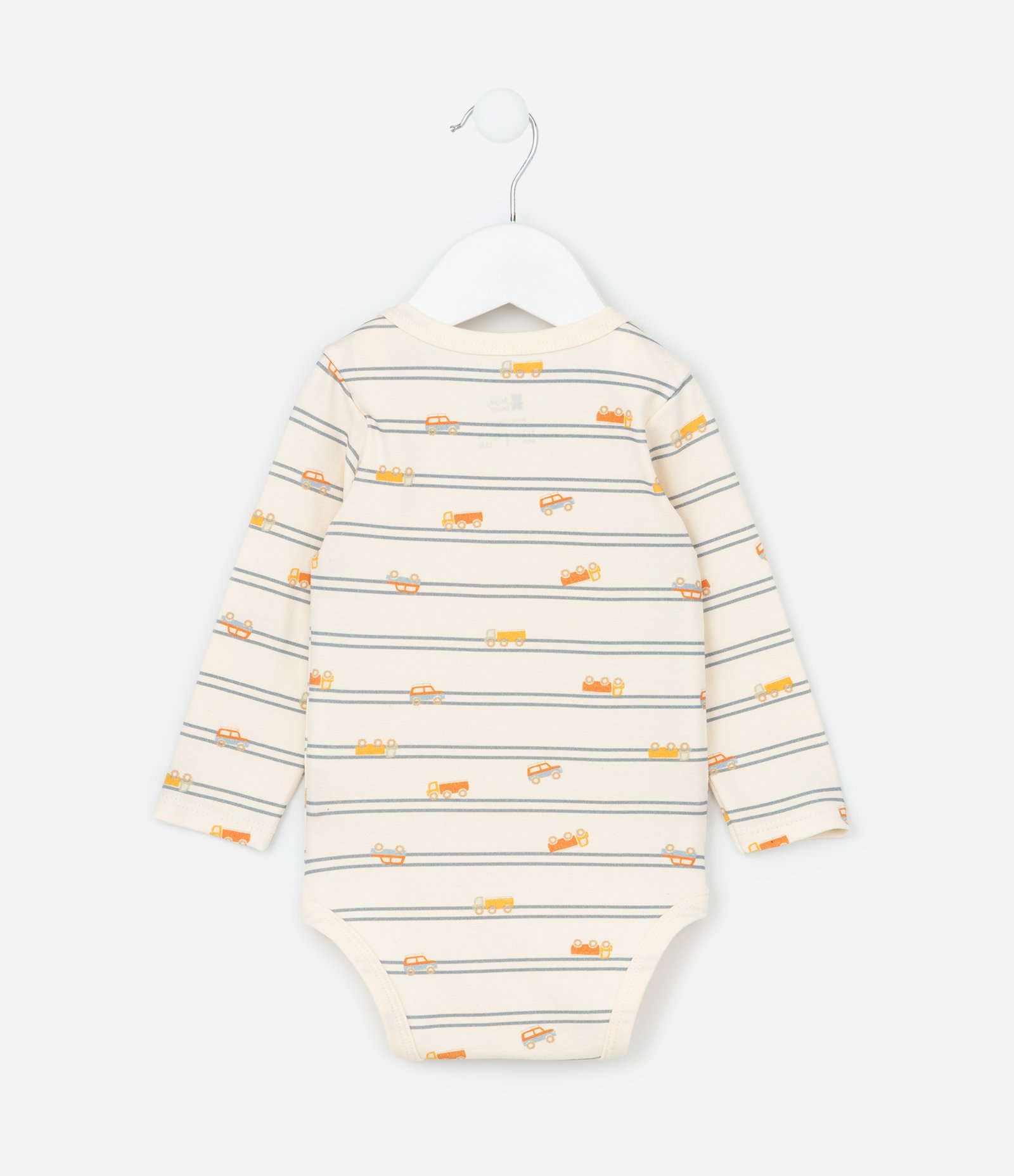 Body Infantil com Estampa de Listras e Carrinhos - Tam RN a 18 meses Bege 2