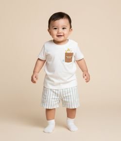Conjunto Infantil com Bolsinho e Estampa Gatinho - Tam 0 a 18 meses