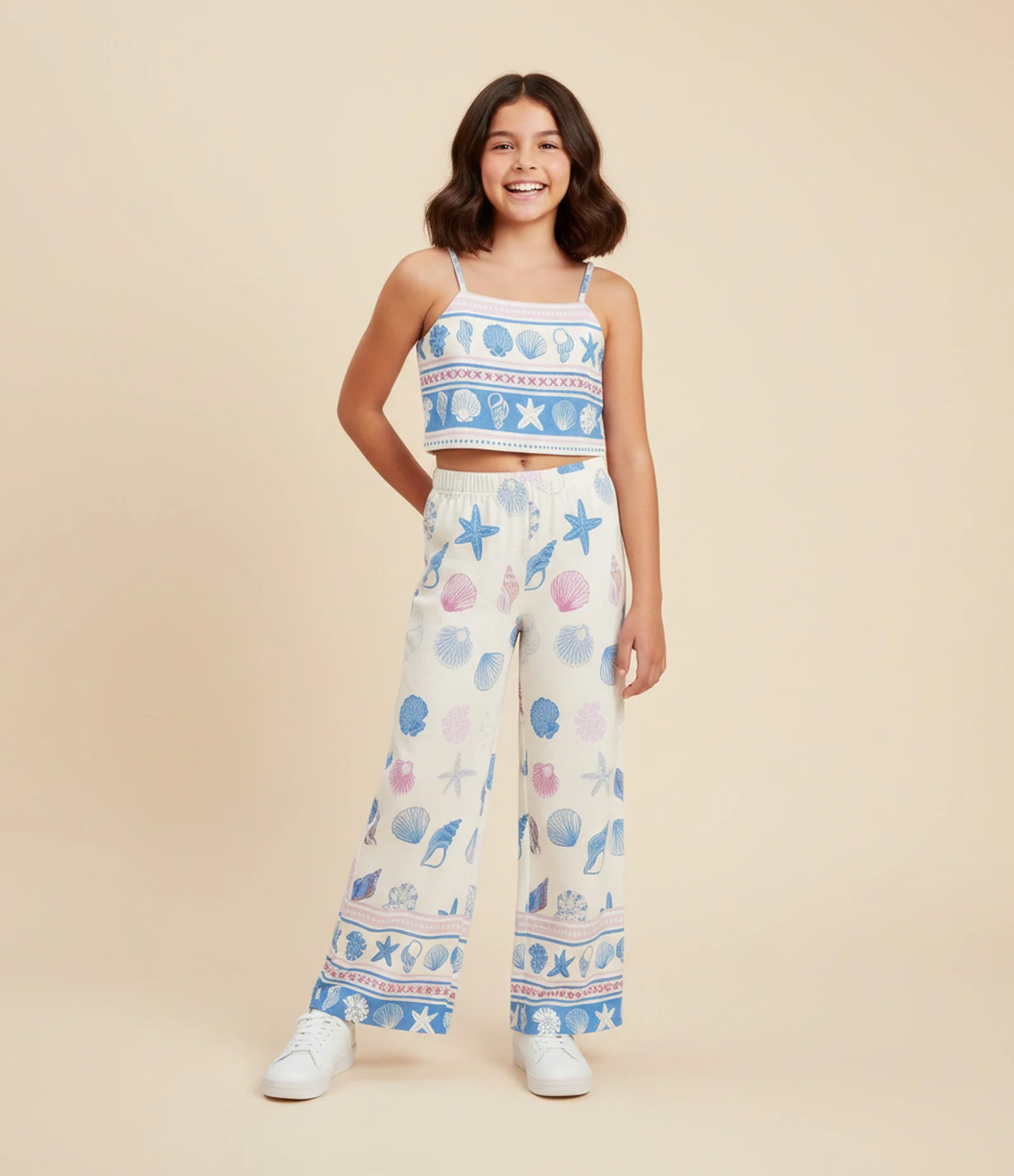 Calça Infantil Wide LEg em Viscolinho com Estampa de Conchas - Tam 5 a 14 Anos Bege 1