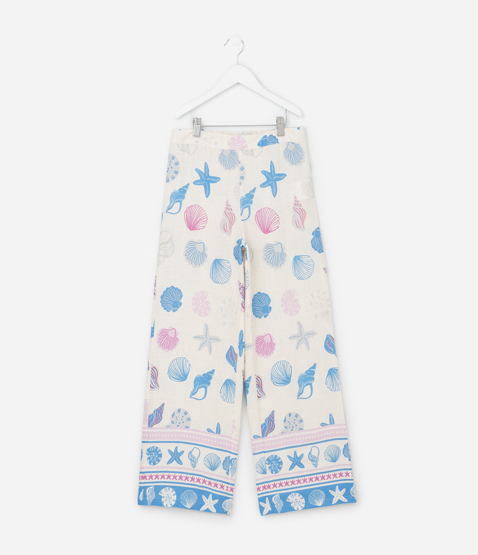 Calça Infantil Wide LEg em Viscolinho com Estampa de Conchas - Tam 5 a 14 Anos Bege 1