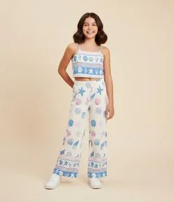 Calça Infantil Wide LEg em Viscolinho com Estampa de Conchas - Tam 5 a 14 Anos