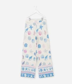 Calça Infantil Wide LEg em Viscolinho com Estampa de Conchas - Tam 5 a 14 Anos