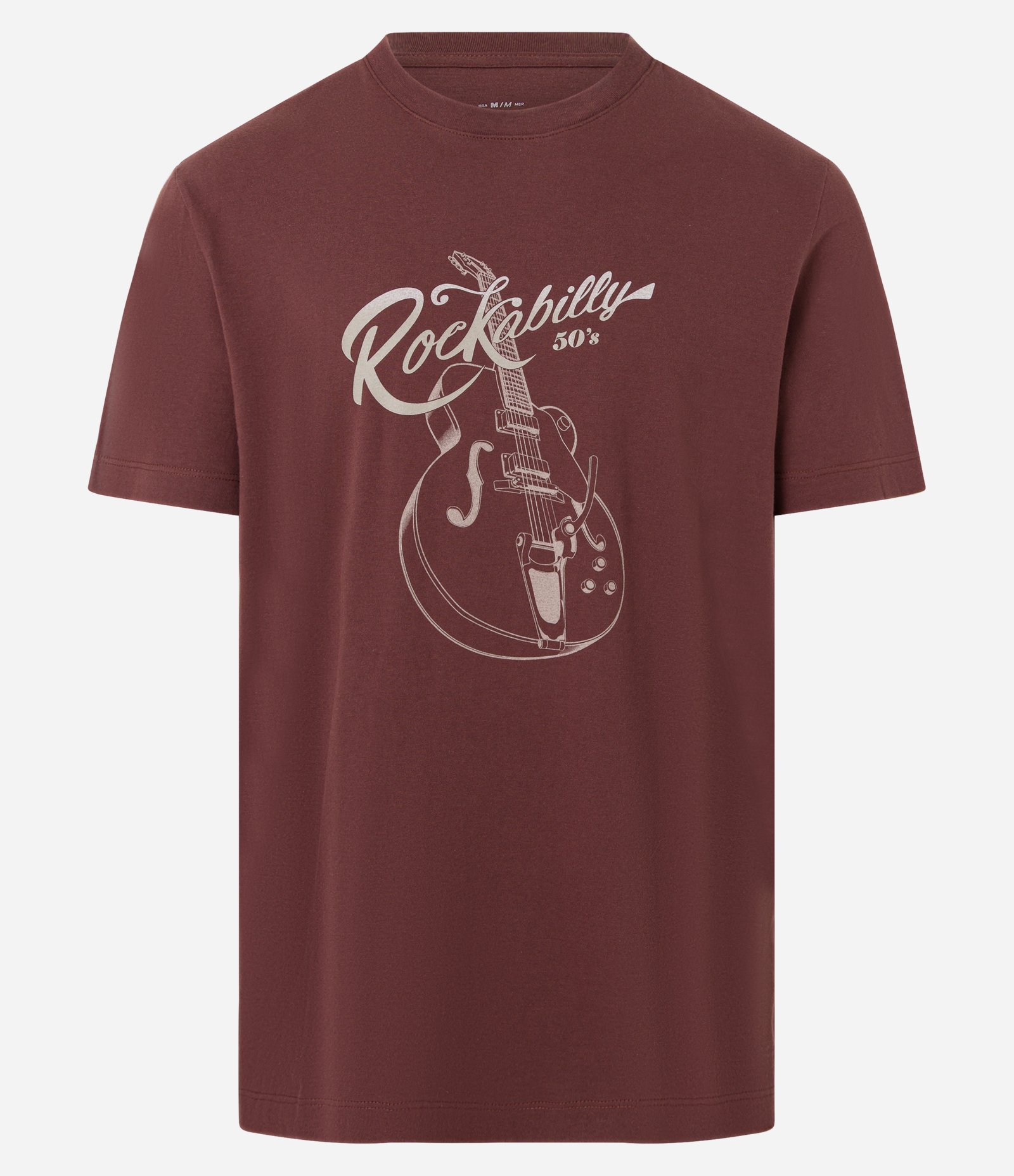 Camiseta em Algodão com Estampa de Guitarra Rockabilly Marrom 1