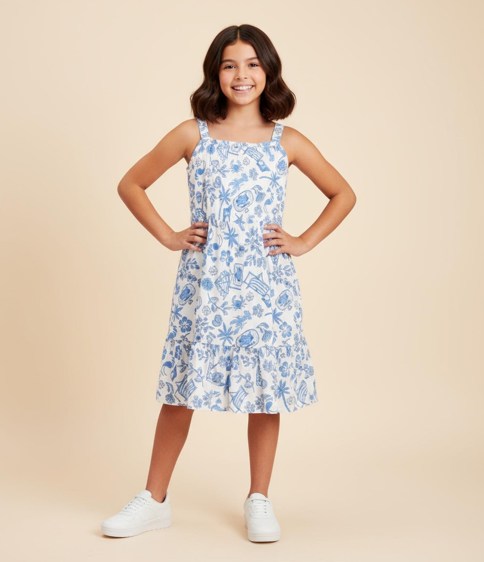 Vestido Infantil com Estampa Praiana - Tam 5 a 14 Anos Branco/Azul 1