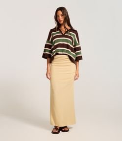 Saia Long Midi Texturizada com Franzido e Fenda