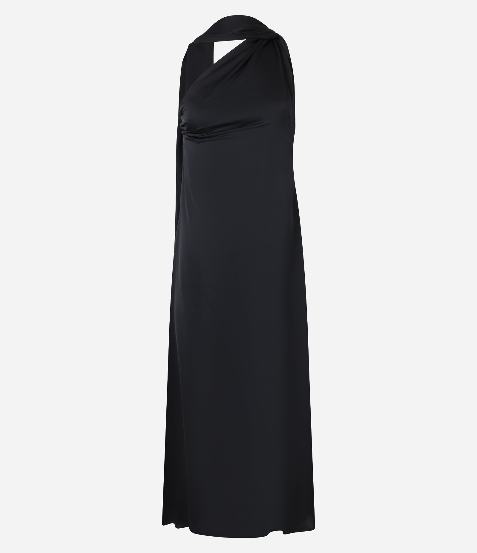 Vestido Longo em Cetim com Lenço Alongado e Alça Fina Preto 6