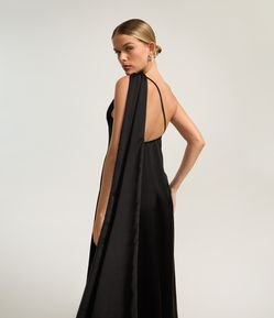 Vestido Longo em Cetim com Lenço Alongado e Alça Fina