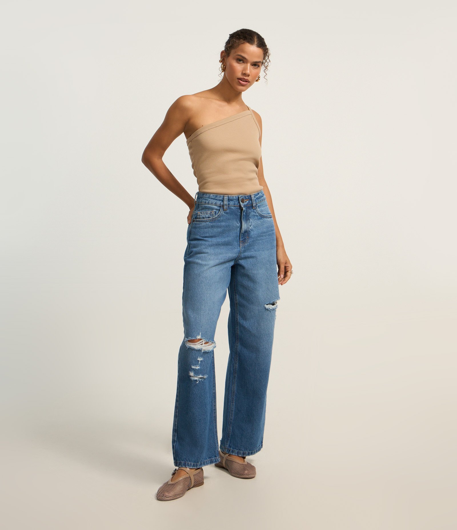 Calça Slouchy Cintura Alta em Jeans com Rasgos Azul 1