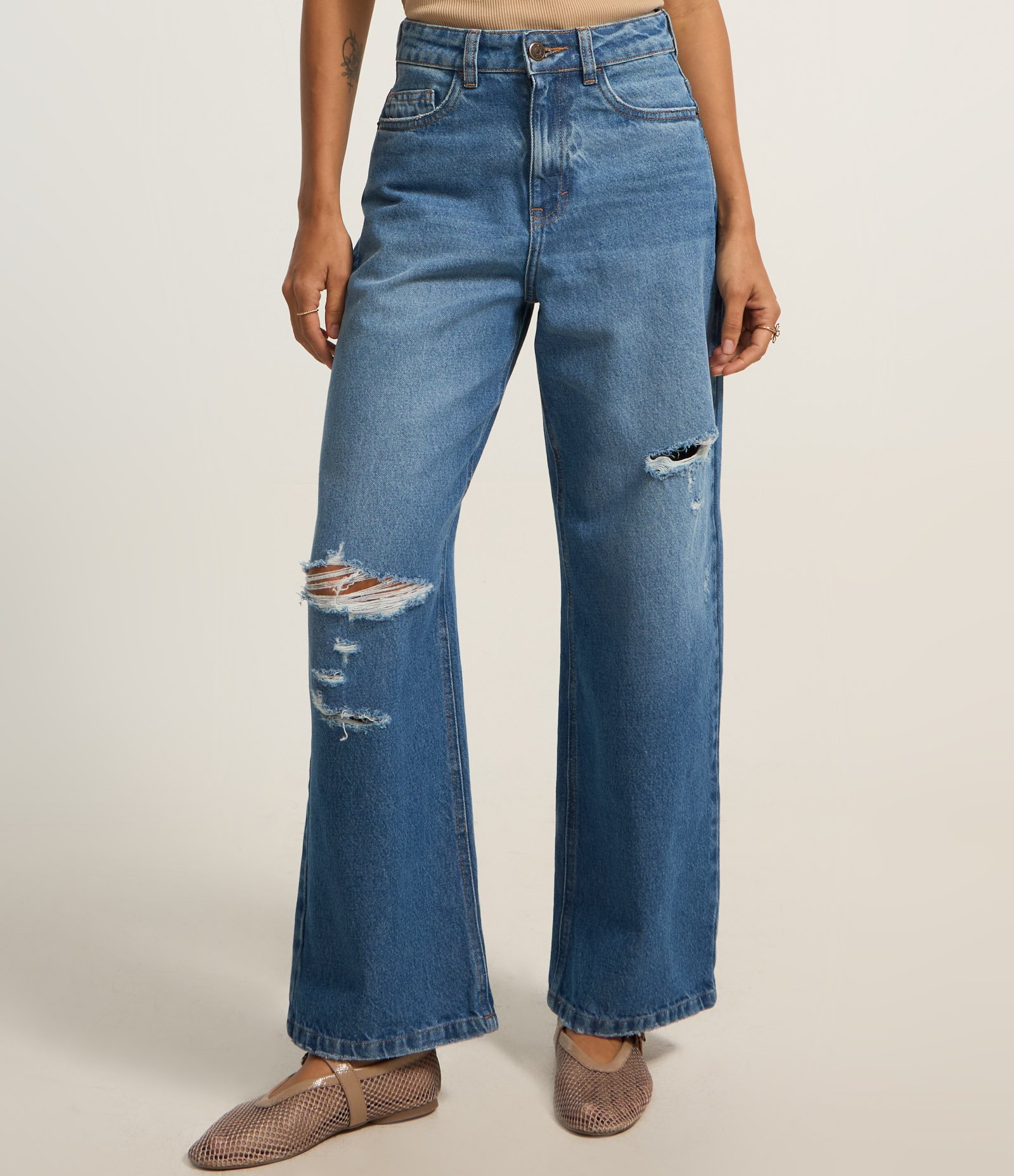 Calça Slouchy Cintura Alta em Jeans com Rasgos Azul 3