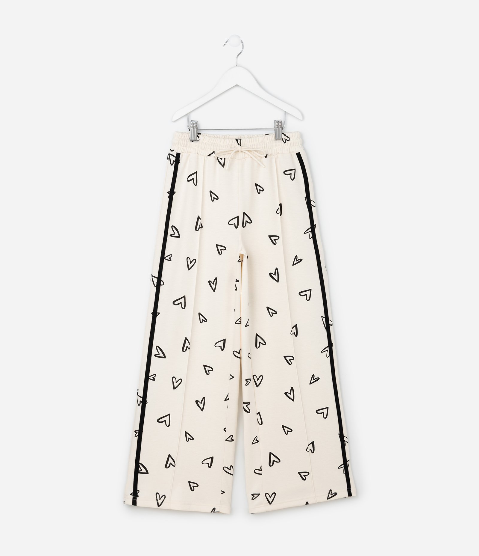 Calça Infantil Wide Leg com Estampa de Corações - Tam 5 a 14 Anos Bege 1