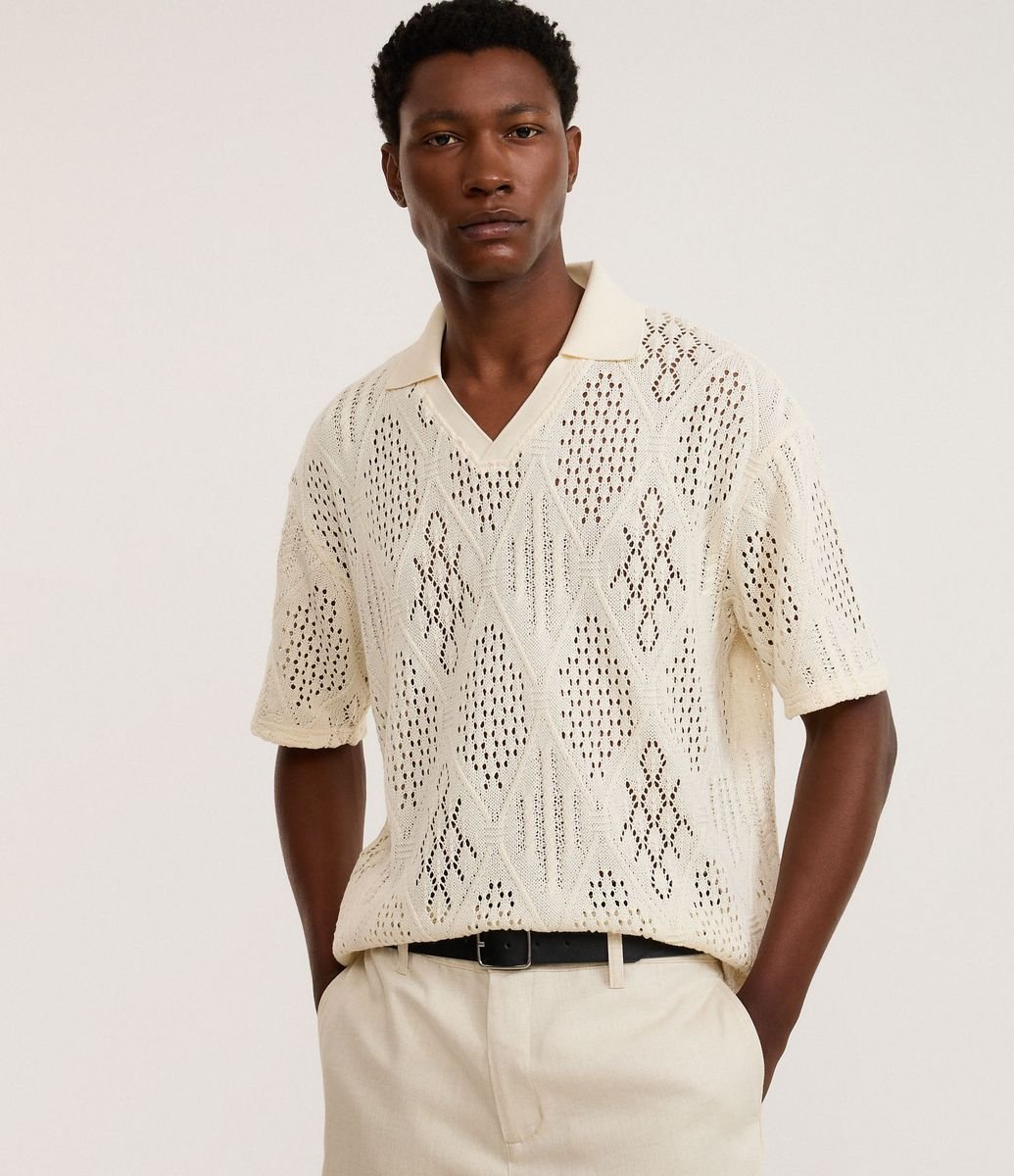 Camisa Polo em Tricô com Textura Ponto Aberto Branco