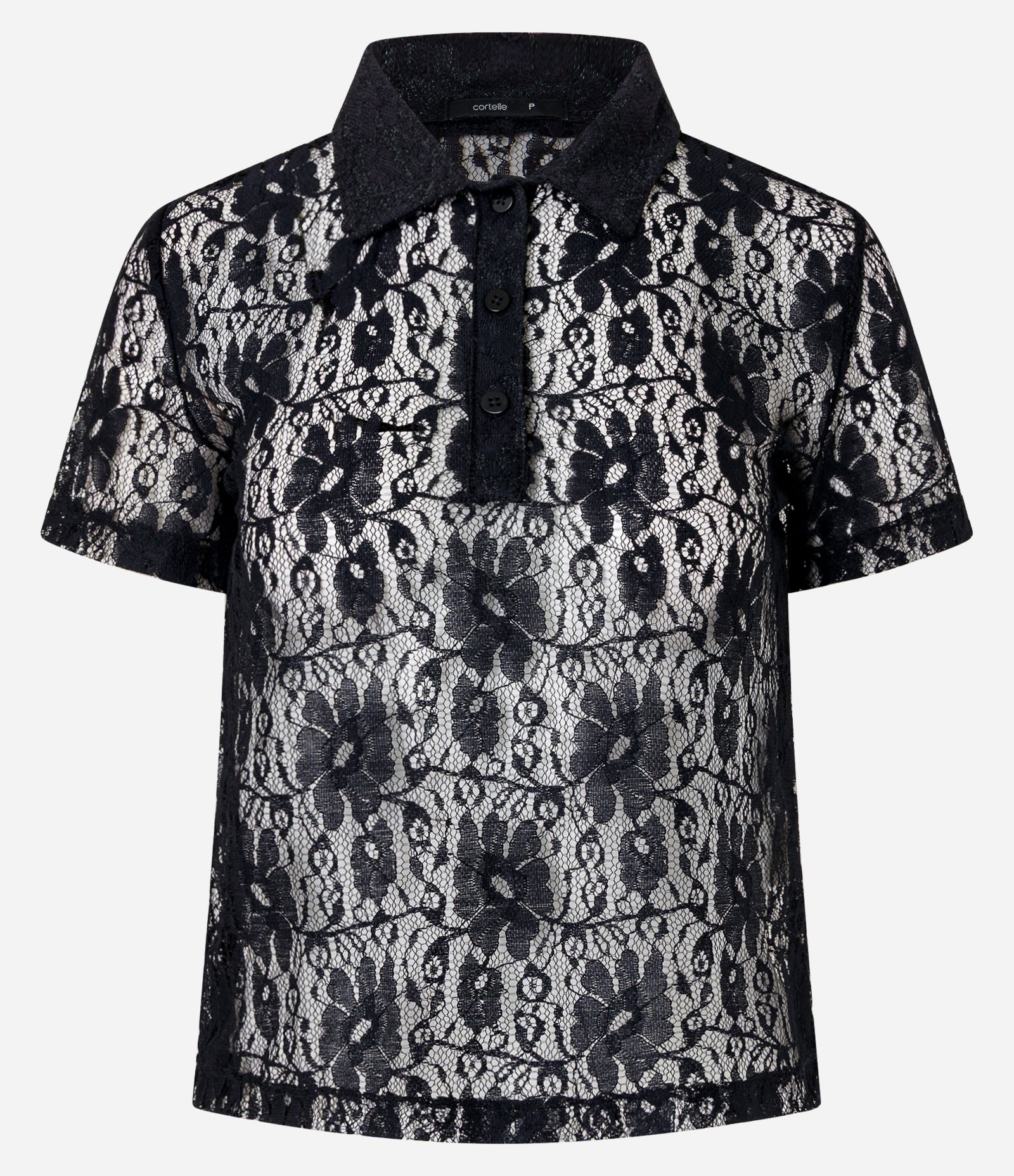 Blusa em Renda com Gola Polo e Textura Floral Preto 9