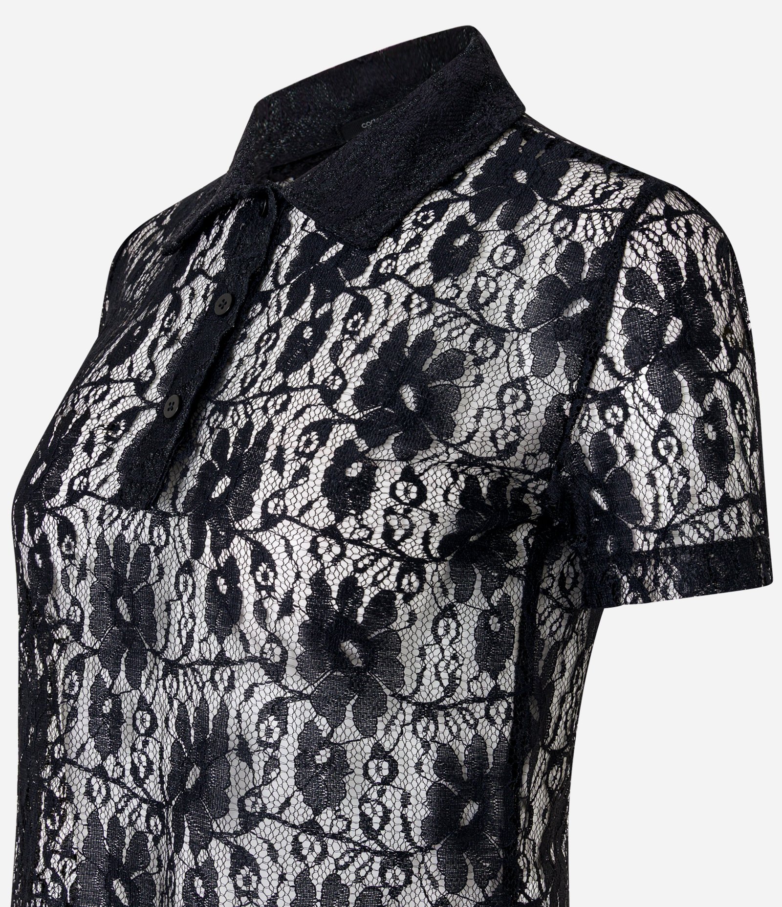 Blusa em Renda com Gola Polo e Textura Floral Preto 10