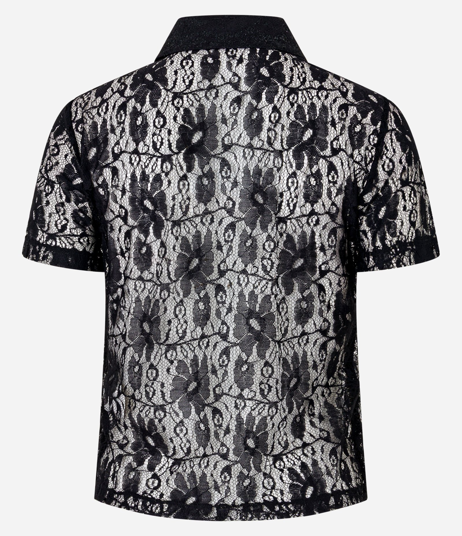 Blusa em Renda com Gola Polo e Textura Floral Preto 11