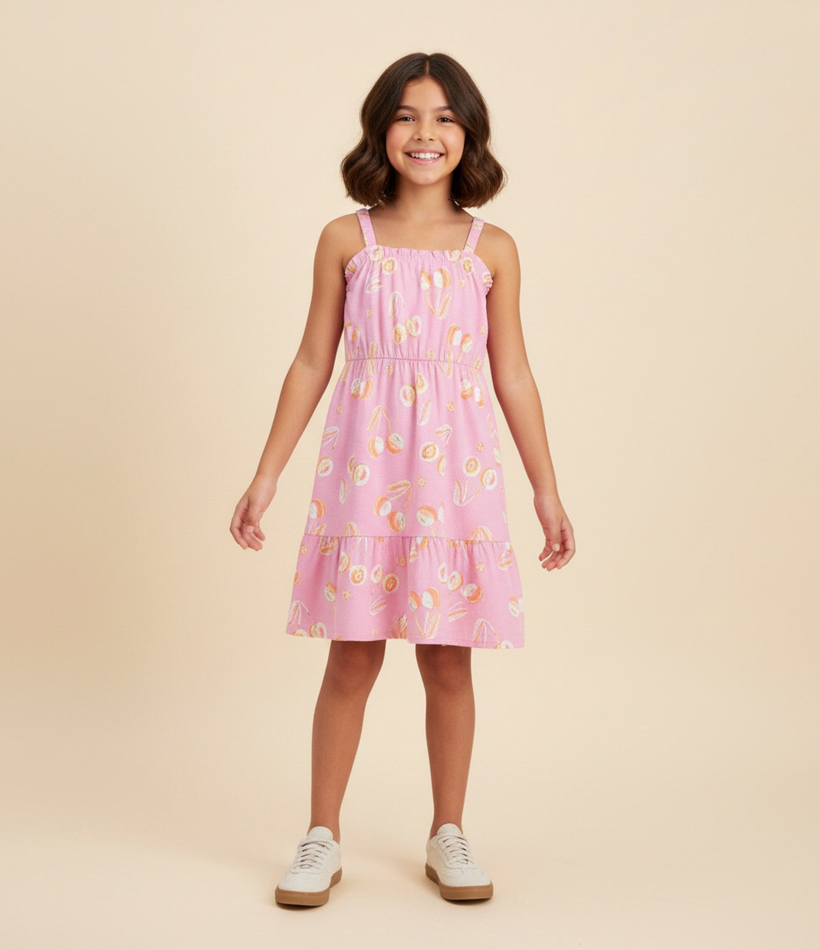 Vestido Infantil com Estampa de Cerejas - Tam 5 a 14 Anos Rosa 1