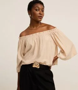 Blusa Ombro a Ombro em Voal com Manga Ampla