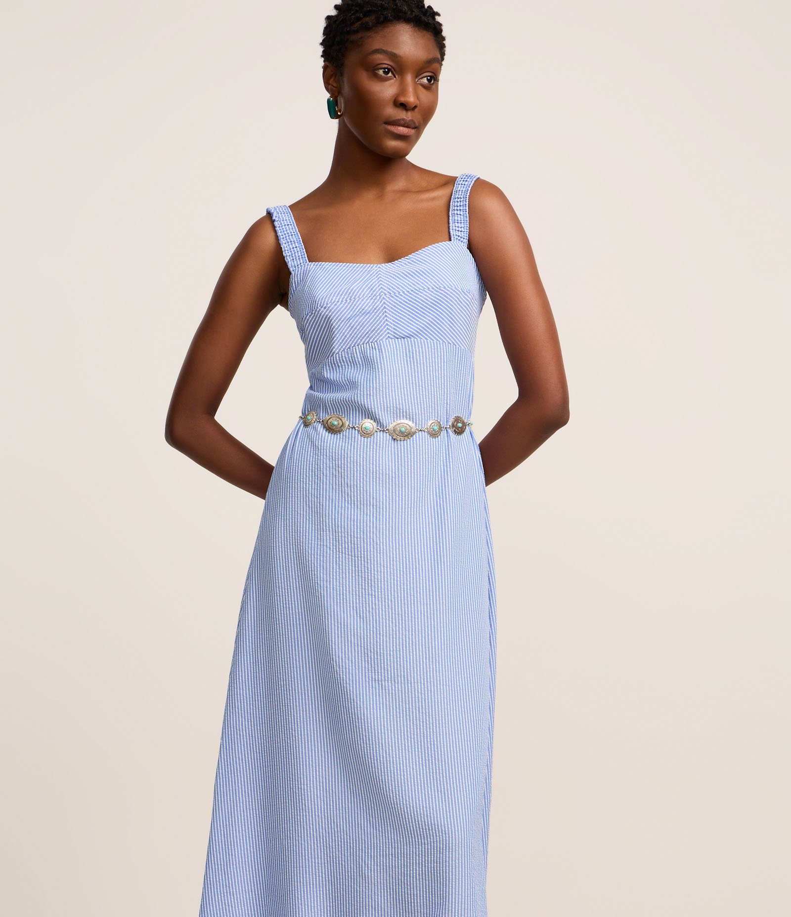 Vestido Boho Midi Listrado em Tricoline Busto Recortado Azul 1