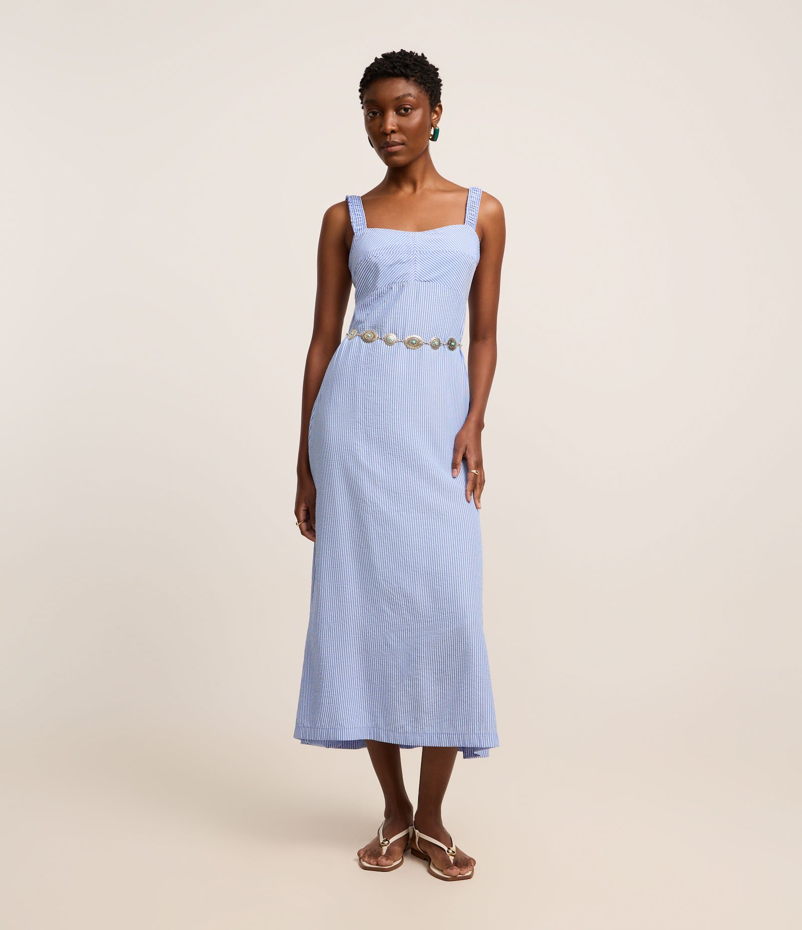 Vestido Boho Midi Listrado em Tricoline Busto Recortado Azul 2
