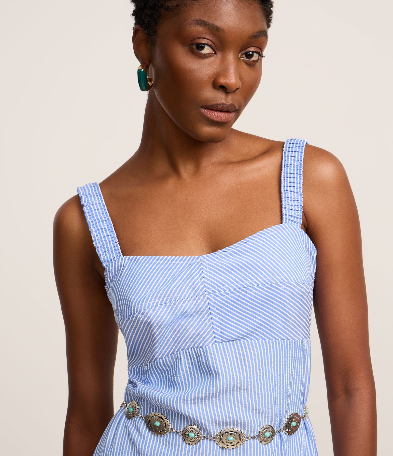 Vestido Boho Midi Listrado em Tricoline Busto Recortado Azul 3