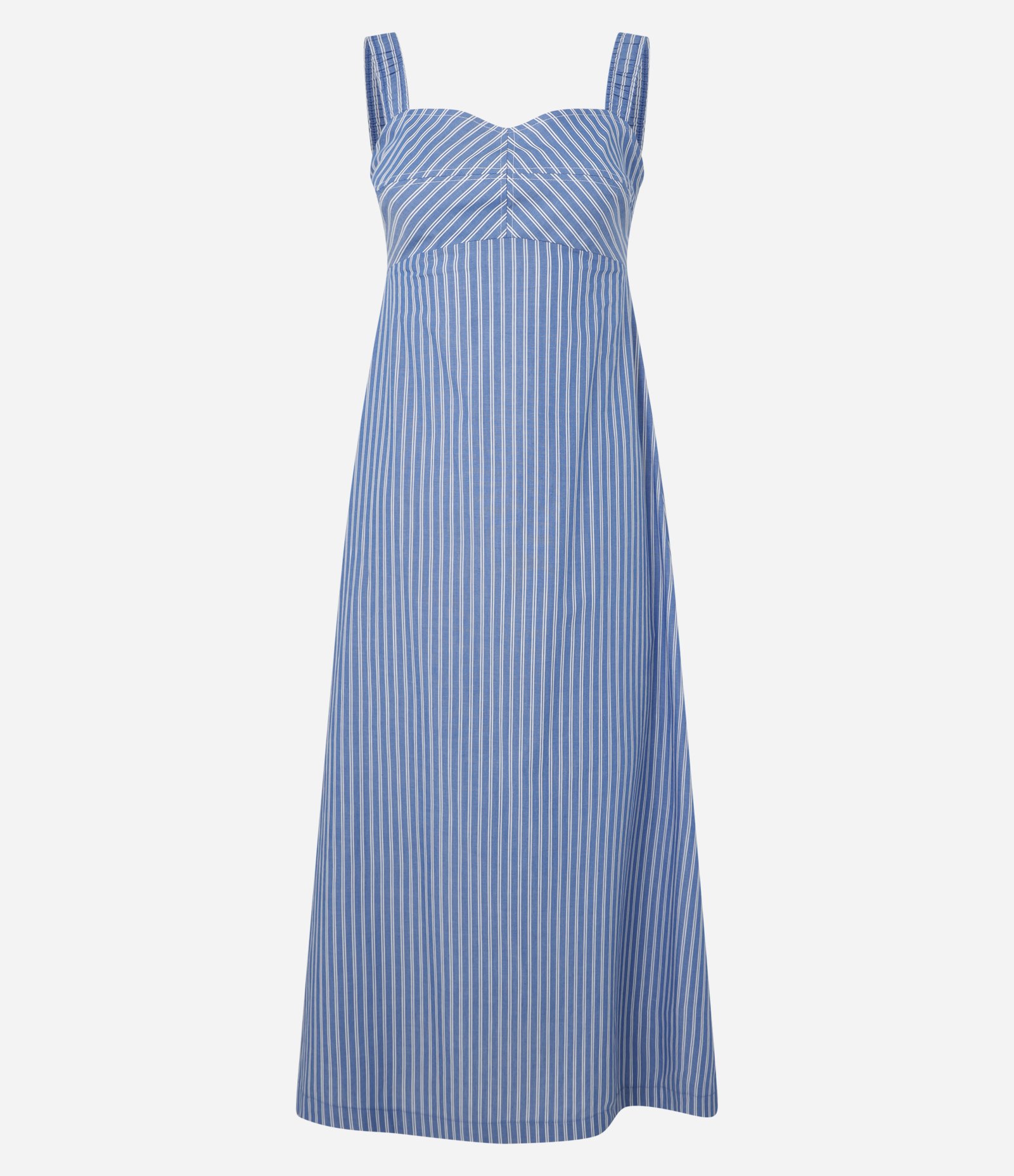 Vestido Midi em Tricoline com Estampa Listrada e Alças Elásticas Azul 1