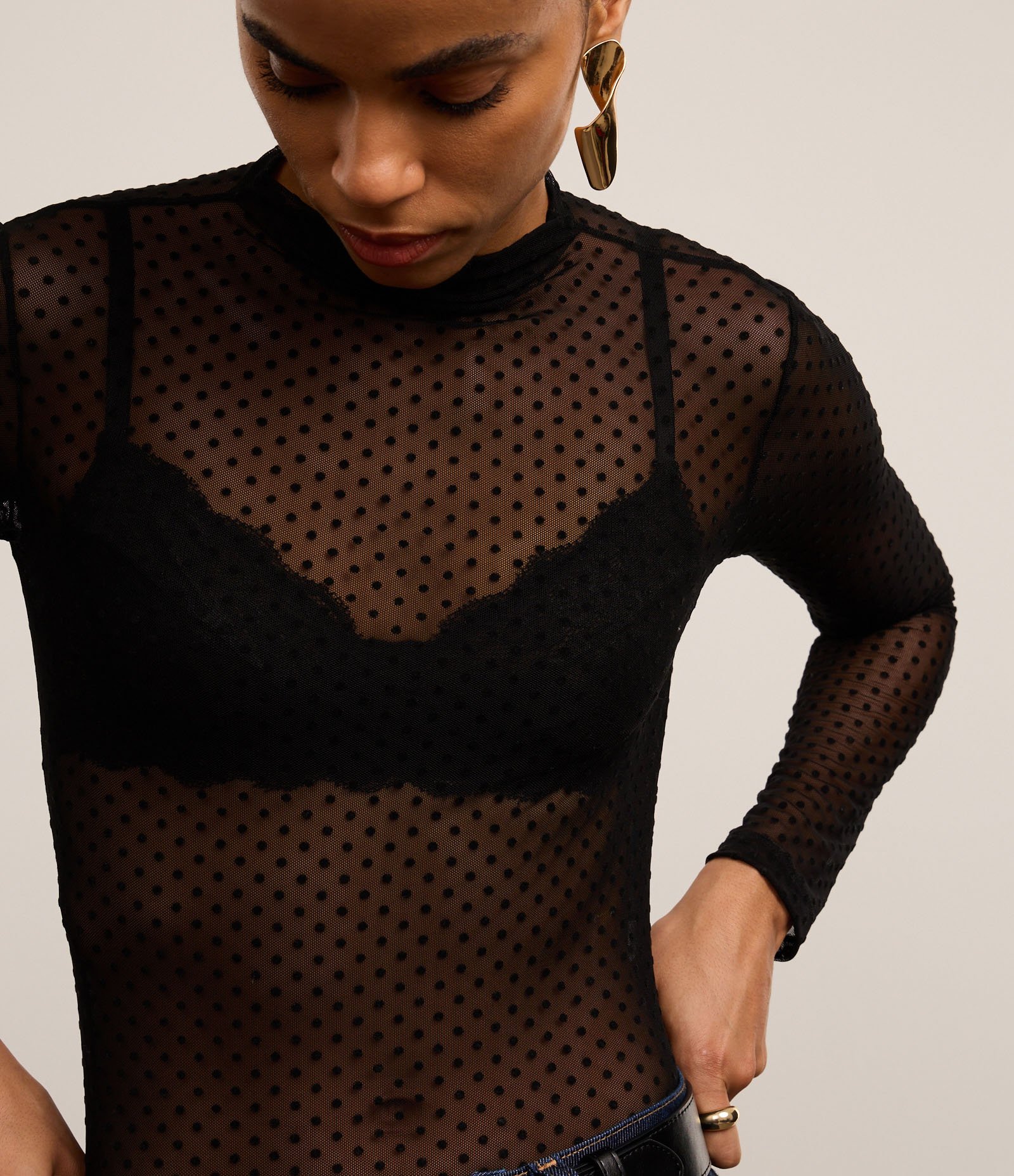 Blusa em Tule com Gola Alta e Textura Poá Flocada Preto 3