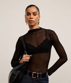 Blusa em Tule com Gola Alta e Textura Poá Flocada
