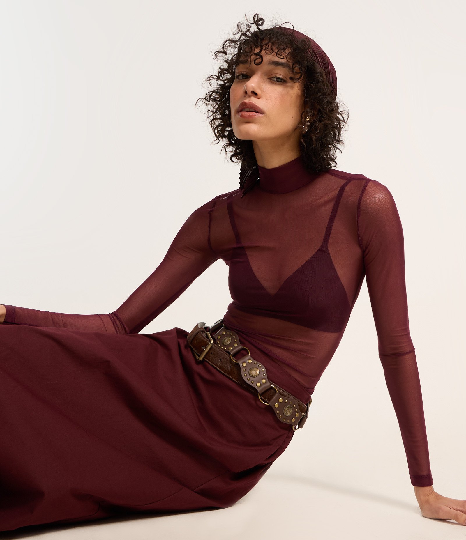 Blusa em Tule Segunda Pele com Transparência Bordô 1