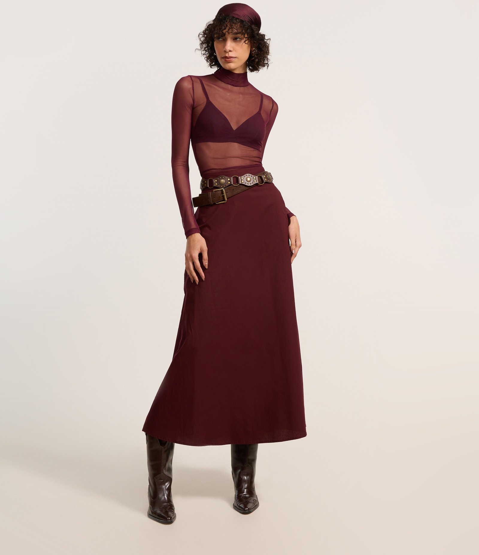 Blusa em Tule Segunda Pele com Transparência Bordô 2