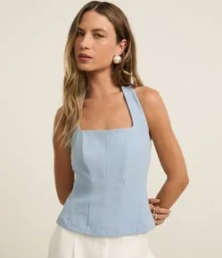 Blusa Frente Única Curta em Crepe com Decote Quadrado