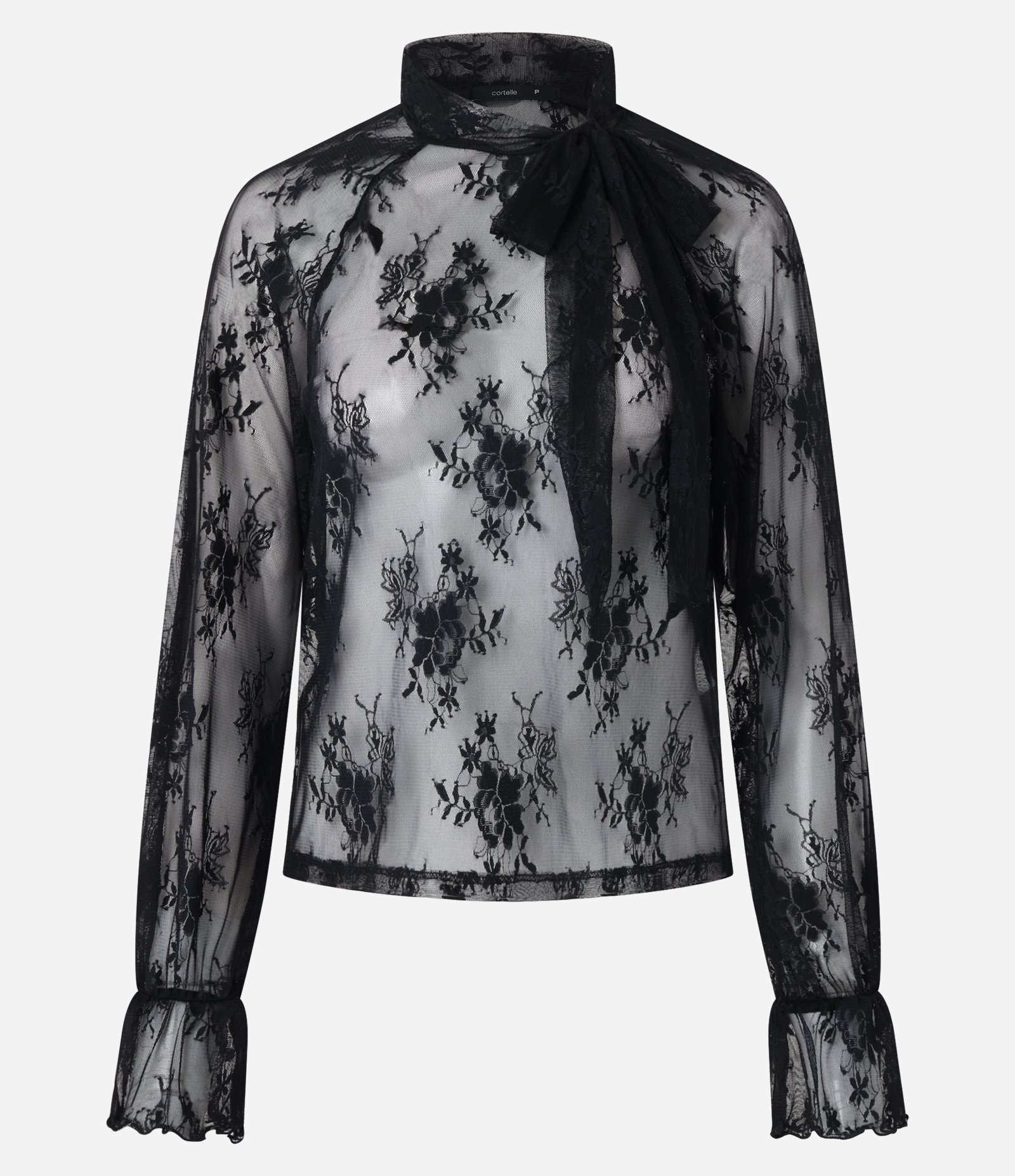 Blusa em Renda com Gola Laço e Frufru no Punho Preto 9