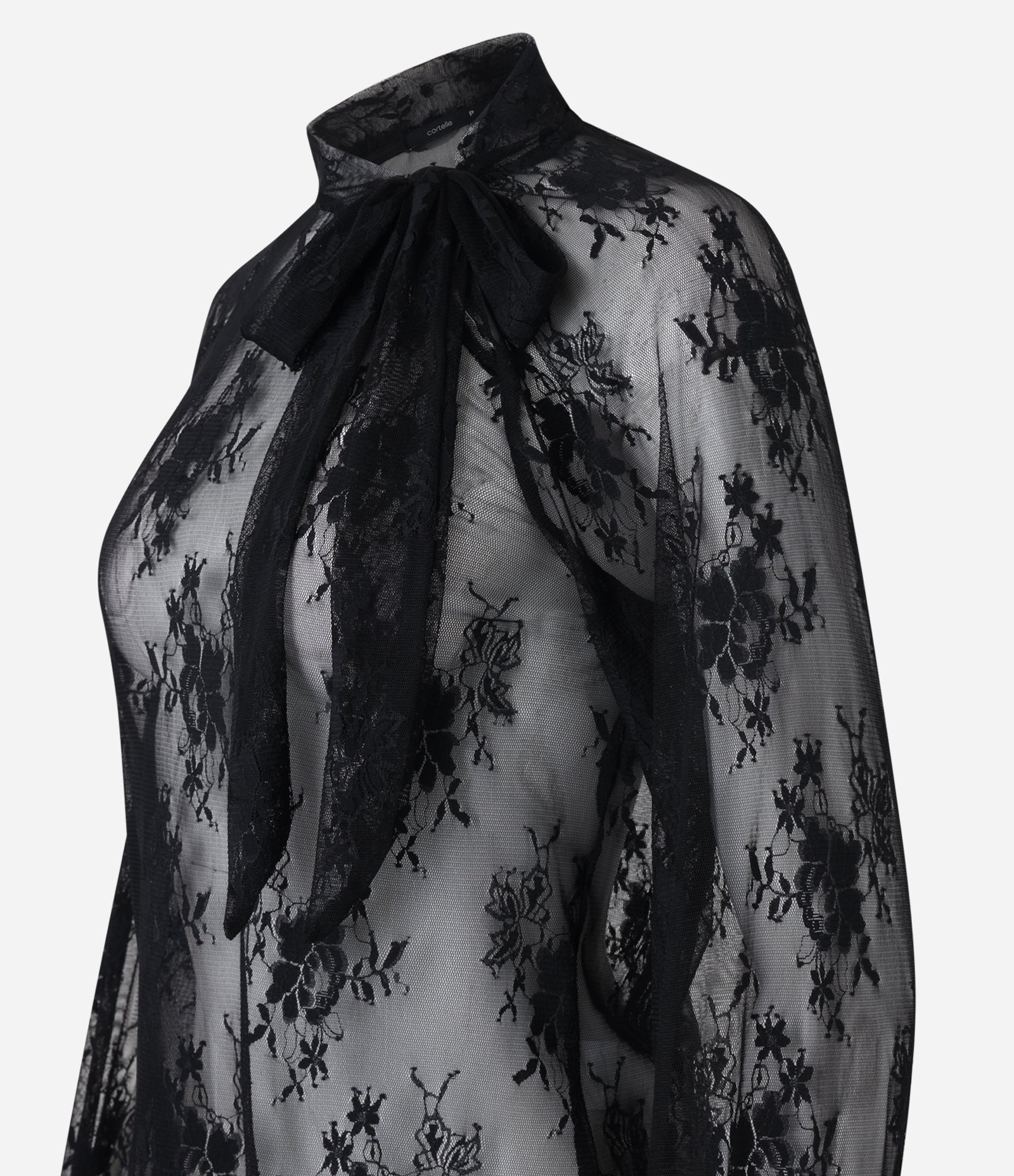 Blusa em Renda com Gola Laço e Frufru no Punho Preto 10