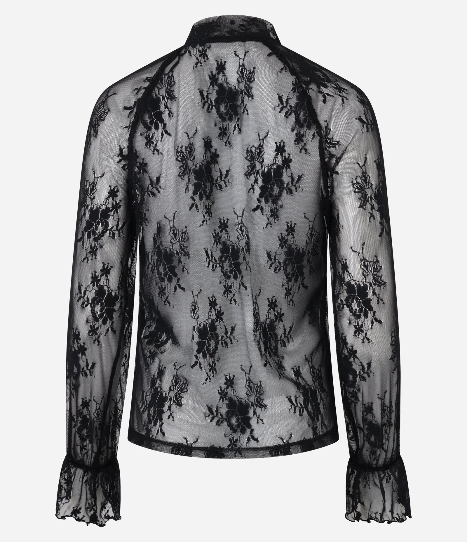 Blusa em Renda com Gola Laço e Frufru no Punho Preto 11