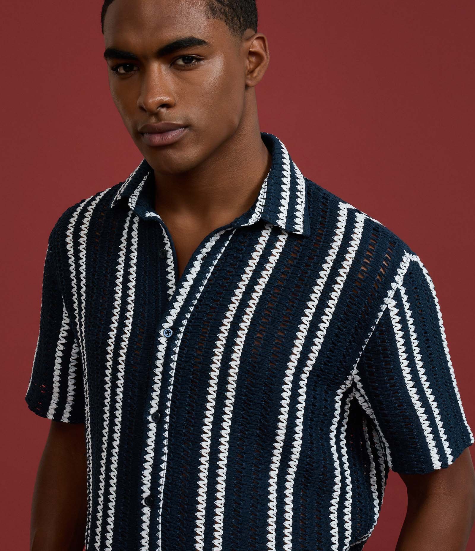 Camisa em Tricô com Estampa de Listras e Texturizadas Azul 3