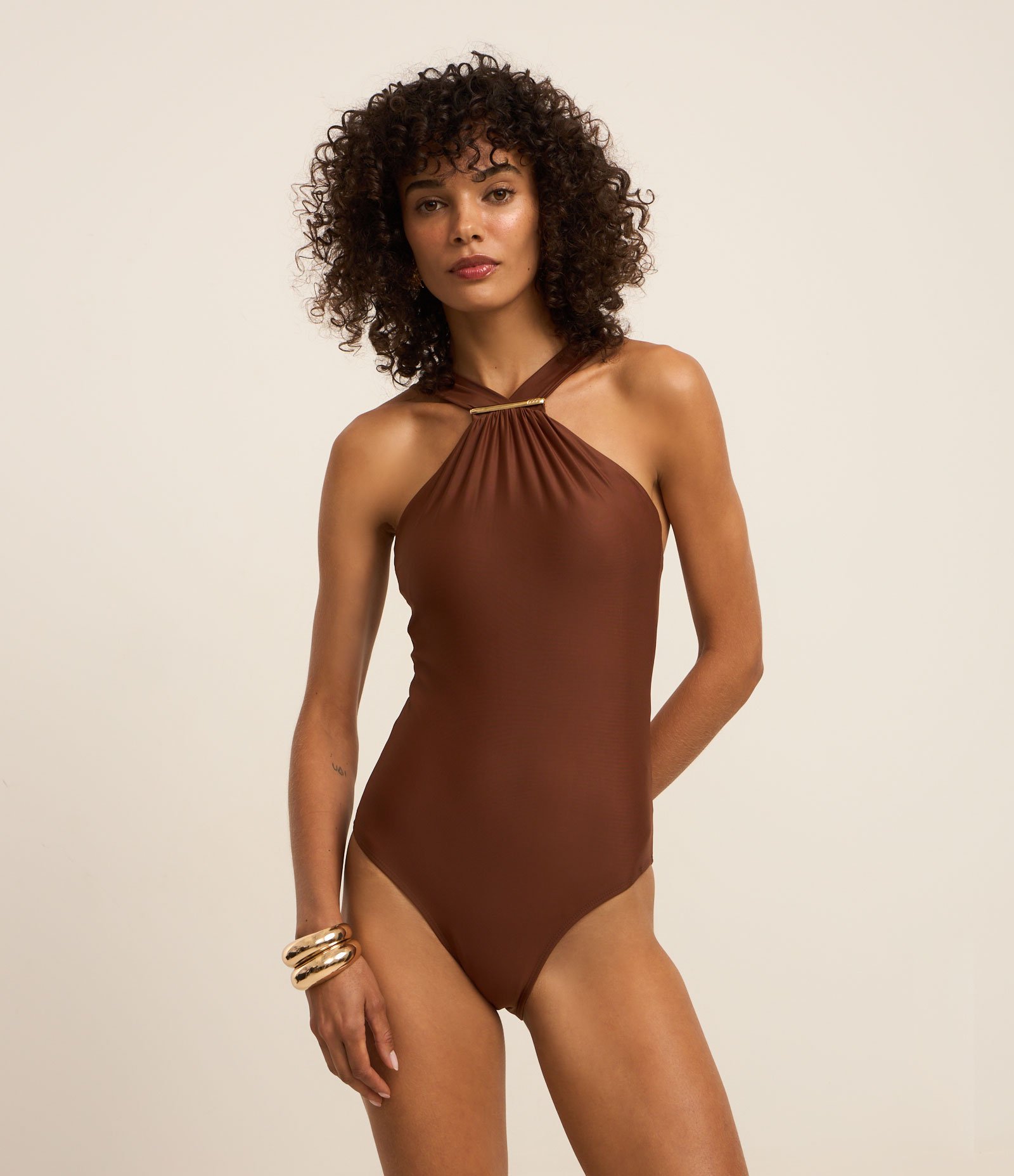 Maiô em Poliamida com Detalhe Metalizado Marrom 2