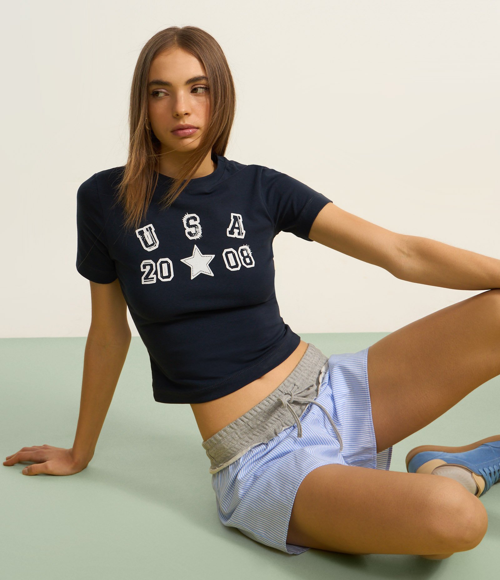 Blusa Baby Look em Algodão com Estampa USA Azul Marinho 5