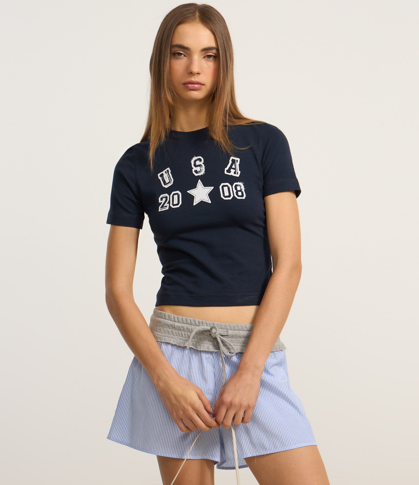 Blusa Baby Look em Algodão com Estampa USA Azul Marinho 3