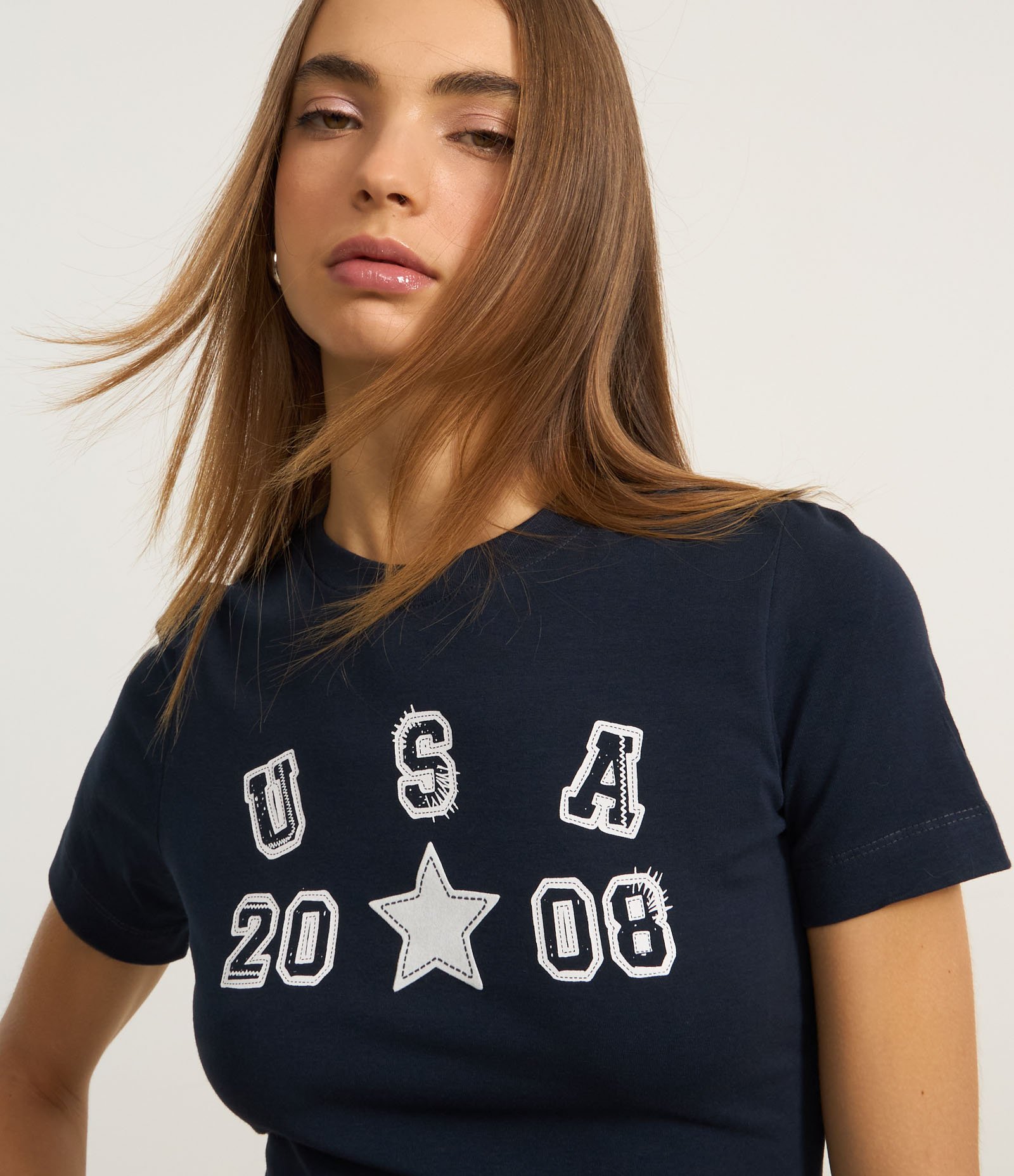 Blusa Baby Look em Algodão com Estampa USA Azul Marinho 4